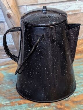 Vintage Black Enamel Pitcher With White Speckles